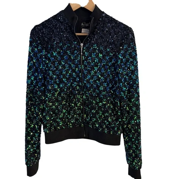 Mac Duggal Sequin Bomber Jacket Black Blue Green Zip Up Size 4 - Picture 2 of 10
